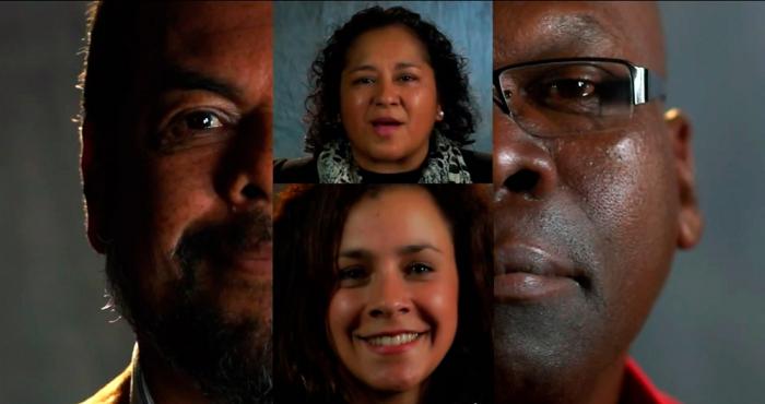 La imagen es una composición de los rostros en primer plano de cuatro personas afroperuanas: dos hombres y dos mujeres.